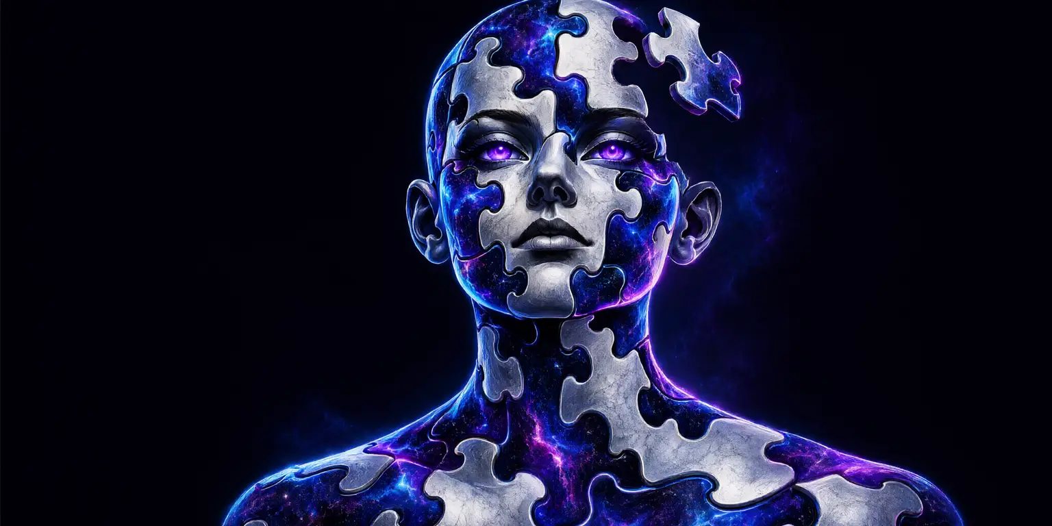 A bald head of silver marble and cobalt nebula pieces, one piece lifted above the temple
